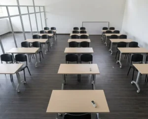 Salón de clase escolar moderno con filas de escritorios y sillas de madera vacías, representando mobiliario educativo en Colombia listo para los estudiantes.